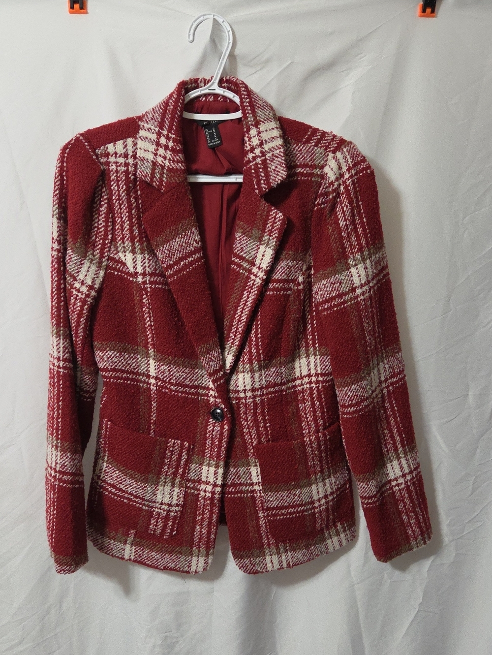 Red & White Plaid Bouclé Fabric Blazer Jacket w/Pockets, Medium, Excellent Cond